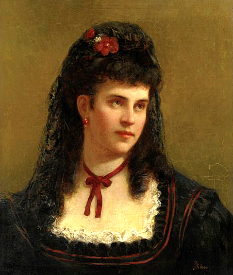 Portrait of a young woman with dark hair with a red ribbon around her neck and red flowers on her head