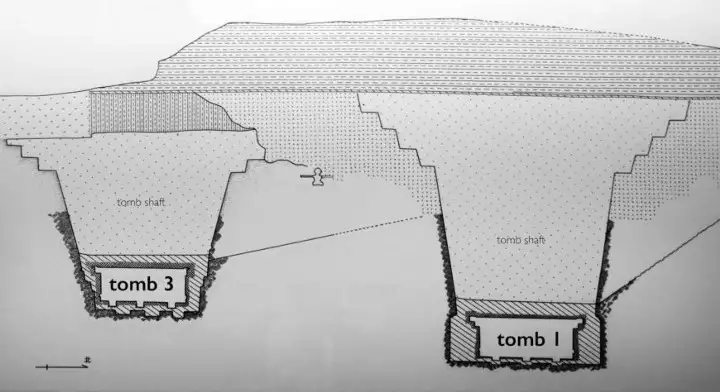 Line drawing of tombs 1 (right) and 3 (left)