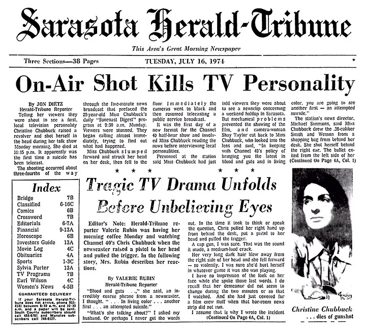 The news story on Christine Chubbuck’s death, July 16, 1974