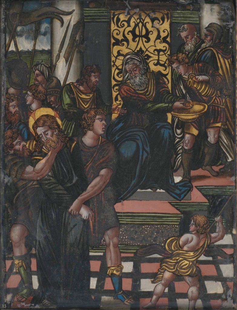 Christ before Pontius Pilate who is washing his hands of the guilt of the crime.