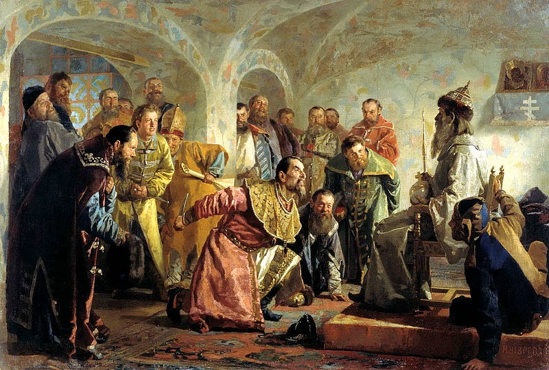 The Oprichniki by Nikolai Nevrev. The boyar Feodoro is portrayed in the painting. The Oprichniki arrested the boyar for suspected treason. To mock his alleged ambitions to dethrone the Tsar and take the title for himself, he was given the Tsar’s ‘shoulder mantle’ before his execution.