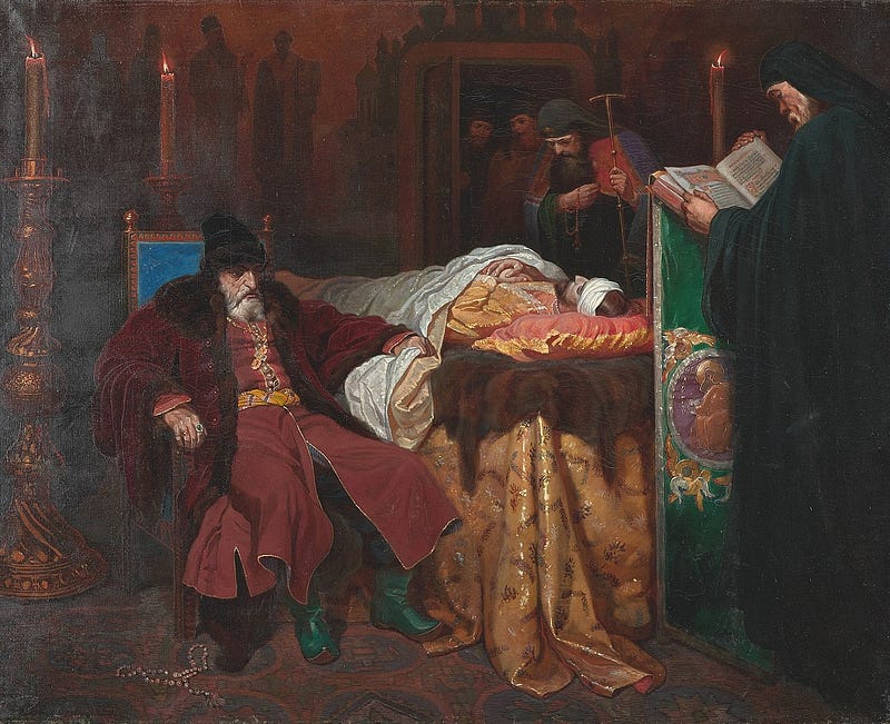The Tsar sitting at the deathbed of his son by Vyacheslav Schwarz