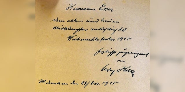 A dedication inside reads: “Hermann Esser the good old comrade on the occasion of Christmas 1925.” Esser joined the Nazi party with Hitler in 1920 and became the editor of the organization’s newspaper Völkischer Beobachter.