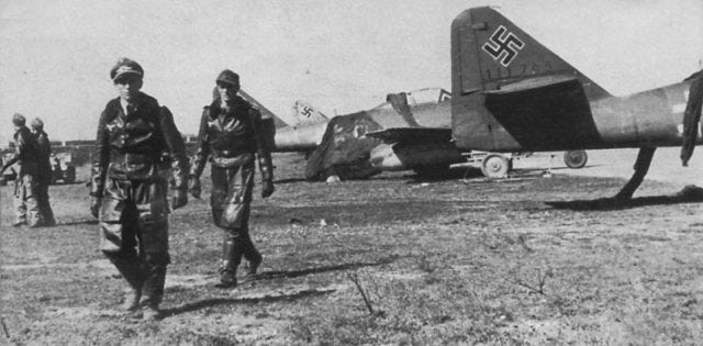 Pilots of the 44th Fighter Division (Jagdverband 44) and jet fighters Messerschmitt Me-262A-1a