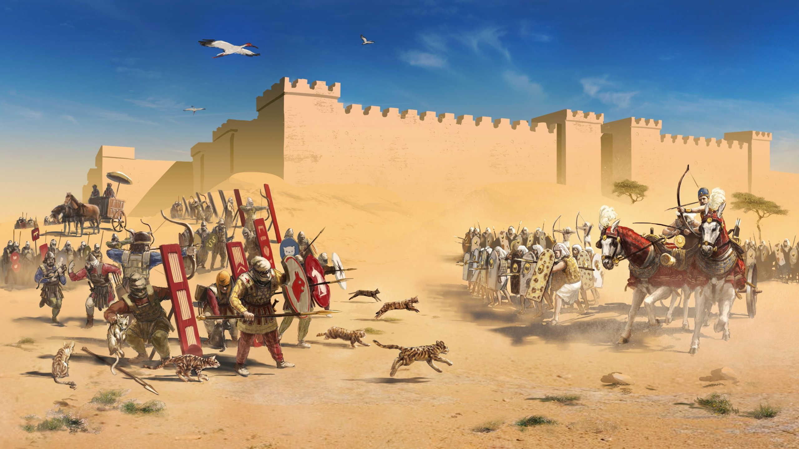 Artist's impression of the Battle of Pelusium (525 BCE), showing the Persian army led by Cambyses II (525-522 BCE) on the left, and the Egyptian army led by Psametik III (526-525 BCE) on the right. The battle was a decisive Persian victory brought about by the Persian's clever use of cats: As cats were sacred to the Egyptians, the Persian army herded cats (and other animals) in front of their battle line, and painted cats onto their shields. The Egyptians, afraid to hurt sacred cats and incurring the wrath of Bastet, were shaken and decisively defeated. Following the battle, Persia annexed Egypt.